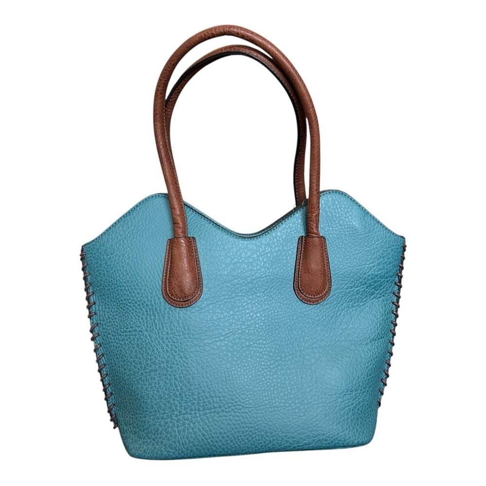 Treska Teal Vegan Leather Tote Bag w/ Brown Handles & Whipstitch Detail